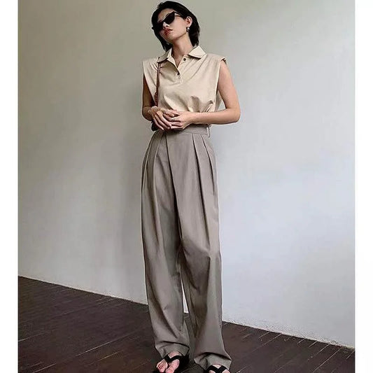 Khaki Wide Leg Women's Pantsuit Classic Vintage Palazzo Office Elegant Trouser Work Pants