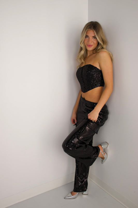 Neva Sequin Corset Top In Black