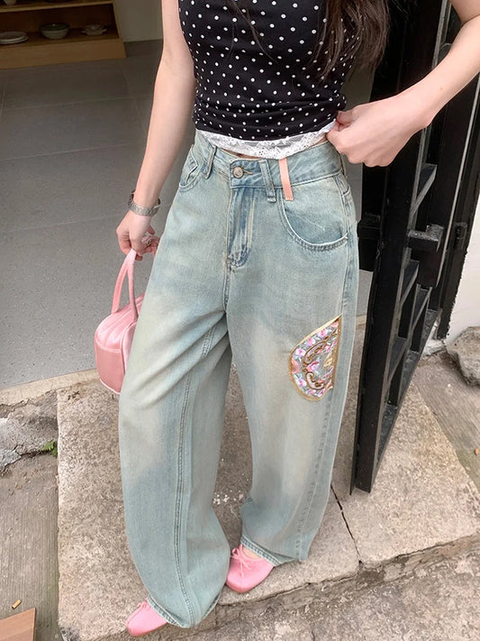 Embroidery Women's 2025 Spring Summer High Waist Loose Vintage Straight Jeans