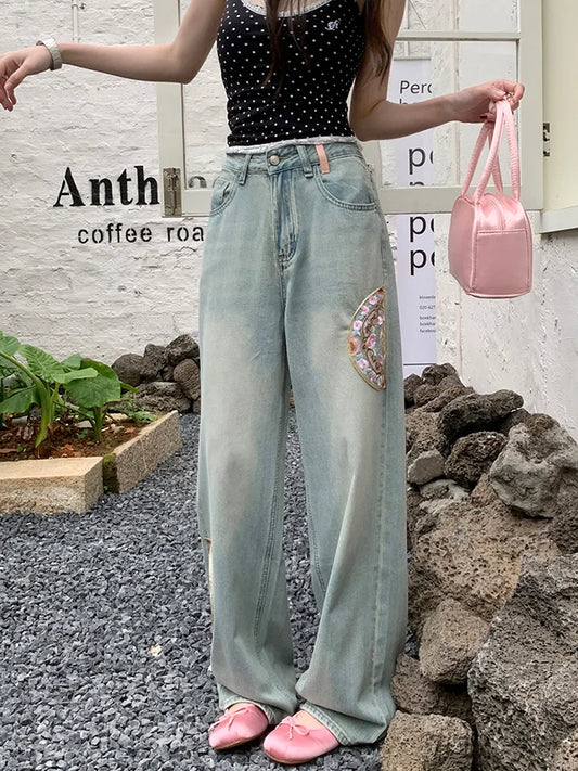 Embroidery Women's 2025 Spring Summer High Waist Loose Vintage Straight Jeans