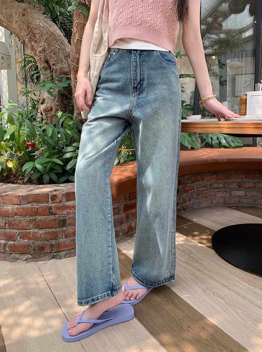 Women's Diamond High Waist Washed Casual Streetwear Blue Retro Straight Wide-Leg 2025 Jeans