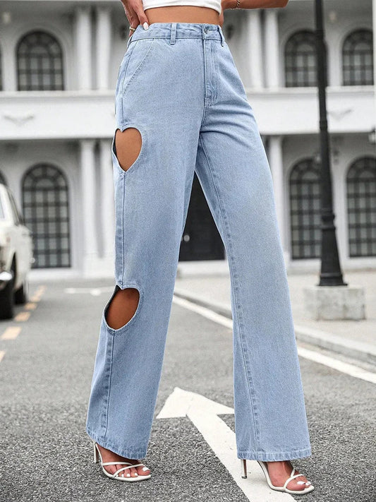 Women's Washed Hole Streetwear Loose High Waist Casual Straight Leg Denim Fashion 2025 Jeans