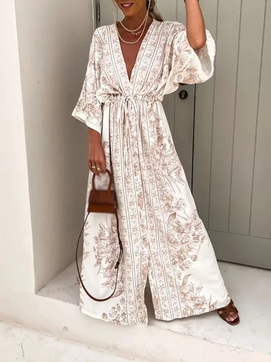 FashionSierra - 2025 Vintage Spring Pattern Print Deep V-Neck Maxi Boho Dress