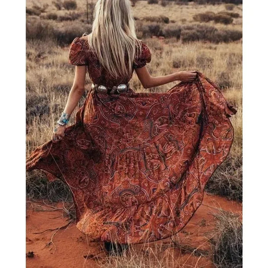 FashionSierra - 2025 Vintage Floral Print Chiffon Gypsy Hippie Boho Dress