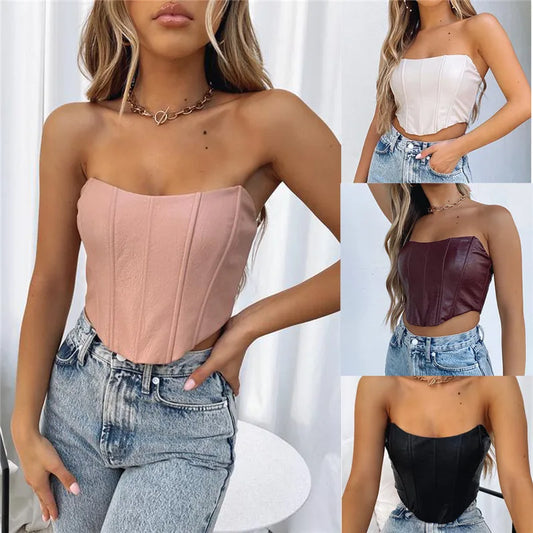FashionSierra - 2025 PU Leather Tube Bustiers Corsets Strapless Off Shoulder Tank Vest Bodycon Slim Push Up Outwear Crop Tops
