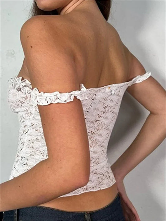 FashionSierra - 2025 Lace Floral See Through Sleeveless Camis for Women Ruffle Strap Tie-up O-neck Slim Fit Tank Mini Vest Crop Tops