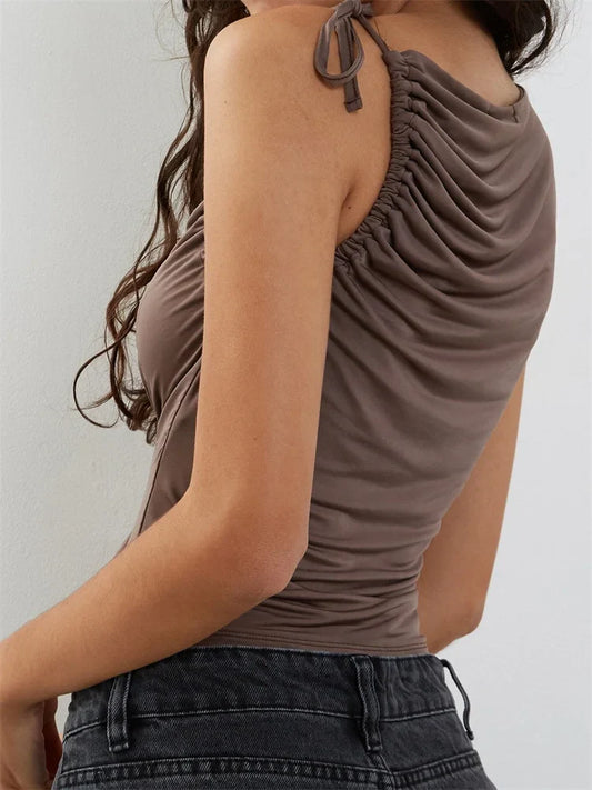 FashionSierra - 2025 Solid Color Tank Sleeveless Asymmetrical Neck Ruched Slim Fit Summer Cropped Mini Vest Clubwear Crop Tops