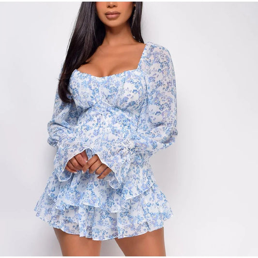 FashionSierra - 2025 Square Collar Lace Up Floral Mini Dress