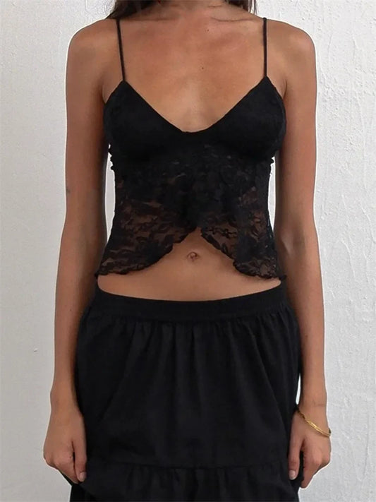 FashionSierra - 2025 Lace Camis Spaghetti Strap Irregular Hem Tank V-neck Mesh See Through Summer Vest Crop Tops