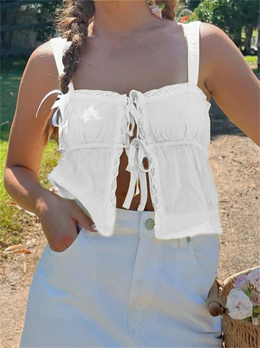 FashionSierra - 2025 Basic Ruffles Lace Trim Casual Sleeveless Strap Tie-up Tank Streetwear Clubwear Crop Tops