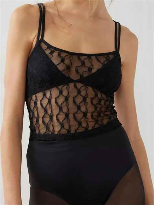 FashionSierra - 2025 Mesh Sheer Camis Slim Lace Embroidery See Through Square Neck Sleeveless Solid Short Vest for Summer Crop Tops