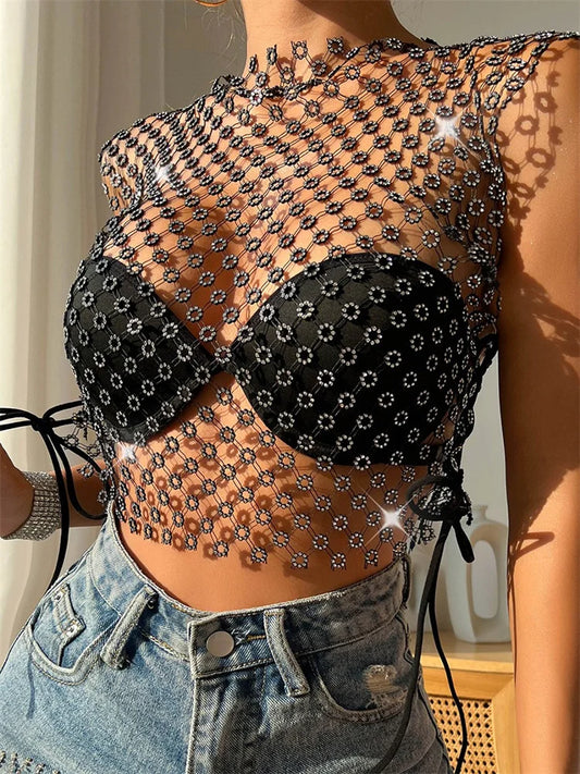 FashionSierra - 2025 Fishnet Hollow Out Rhinestones Sleeveless Mini Beach Cover Ups Crop Tops