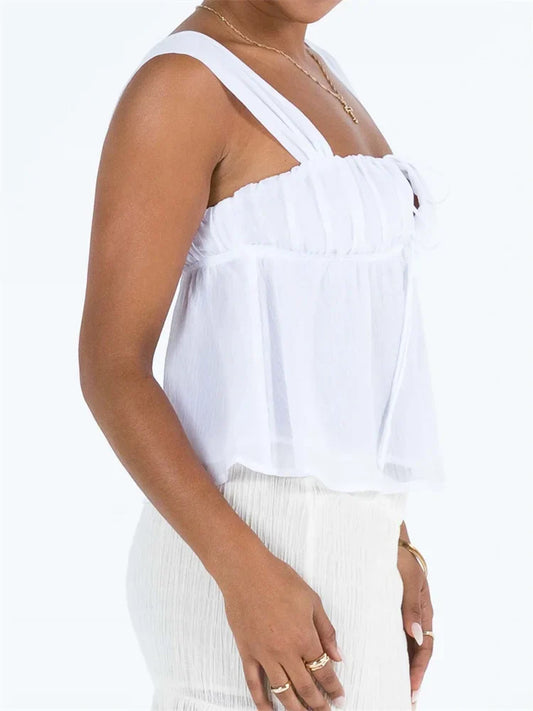 FashionSierra - 2025 Spaghetti Strap Casual Ruffles Square Neck Lace-up Solid Mini Vests Crop Tops