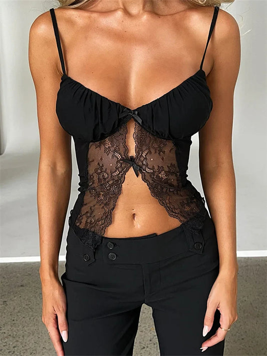 FashionSierra - 2025 Tank Top Spaghetti Strap Camisoles Sleeveless V-Neck Lace Patchwork Front Split Vest Summer Y2K Streetwear Crop Tops