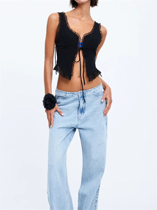 FashionSierra - 2025 Lace Front Tie-up Fairy Grunge Spaghetti Strap Camisole Cute Mini Vest Streetwear Crop Tops