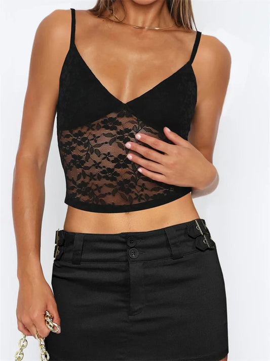 FashionSierra - 2025 Sleeveless Strap Camis V Neck Summer Lace Mesh See Through Tank Slim Fit Mini Vest Streetwear New Crop Tops