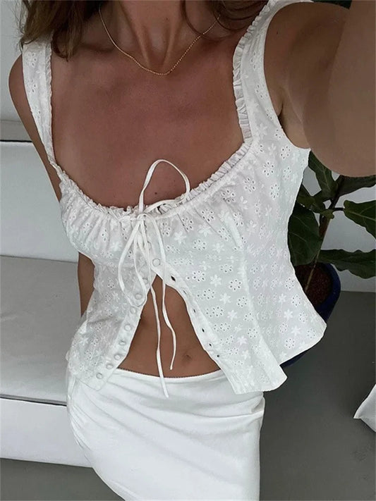 FashionSierra - 2025 Y2K Square Neck Bustiers Lace Patchwork Low Cut Front Buttons Up Fairycore Tank Crop Tops