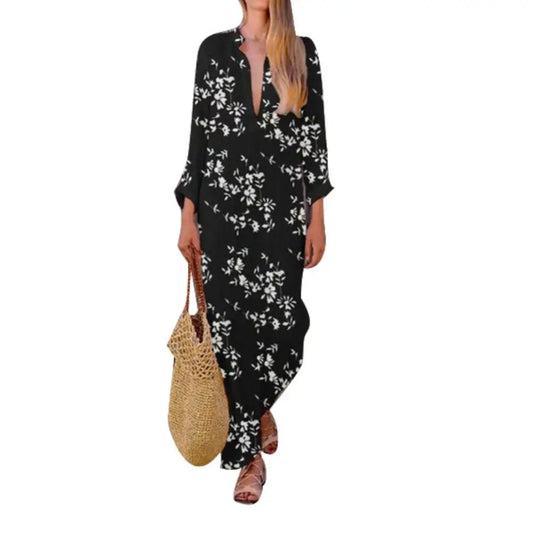 FashionSierra - 2025 Spring Casual V-Neck Slit Maxi Tunic Boho Dress