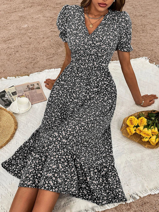 FashionSierra - 2025 Elegant Blue V Neck Casual Summer Beach Boho Dress