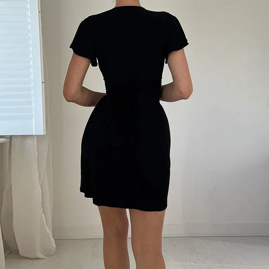 FashionSierra - Europe The United States Fashion Solid Color Tight Collection Hip Short Sleeved Slim Evening Party Mini Dress