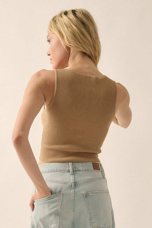 Shaper Fit Cropped Rib-Knit Sleeveless Henley Top