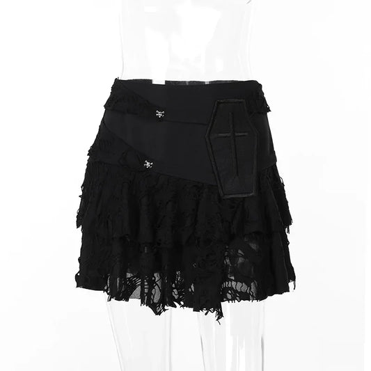 Gothic Style Sexy Lace Cake for Summer 2025 Women with Versatile Ripped Hole Fabric Skirt