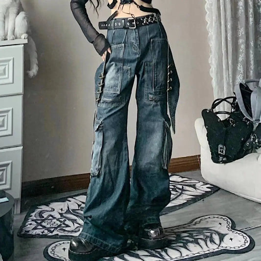 2025 New Street Washed Pocket Y2K Cargo Pants Women High Waist Pants