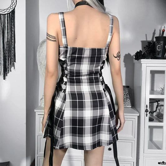 FashionSierra - Gothic Plaid Bandage Black Blue Vintage Sleeveless Zipper Sexy Punk Aesthetic Mini Dress