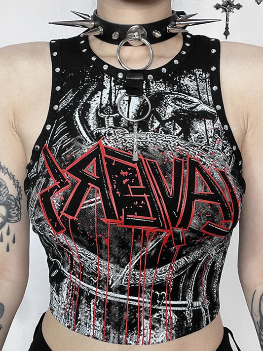 Harajuku Punk Rivet Print Top