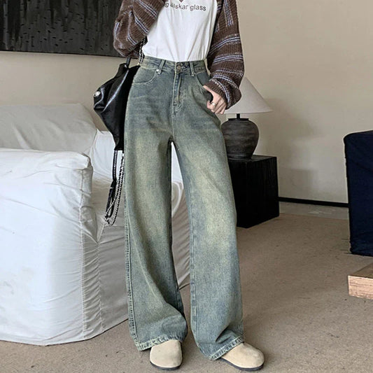Size Nostalgia Wide Leg Jeans Women American High Waist Pear Loose Covered Meat Dragging Vintage Straight Pants Jeans