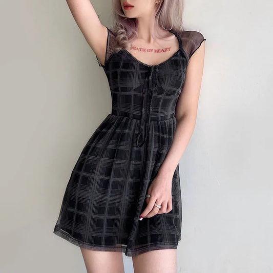 FashionSierra - Lattice Pattern A-Line Short Sleeve For Women's Clothes 2025 Summer Comfortable Lady Streetwear Mini Dress