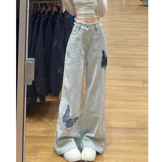 2025 New Spring Fall Models Women's Butterfly High-Waisted Loose Straight Long Jeans
