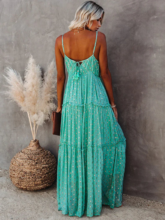 FashionSierra - 2025 Sleeveless Spaghetti Strap Pleated V Neck Maxi Boho Dress