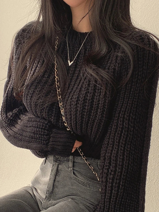 FashionSierra - Vintage Harajuku Lantern Long Sleeve Korean Autumn Winter Knitwear Soft Warm Chic Solid Femme Sweater