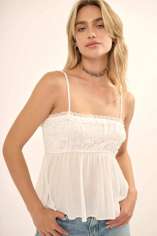 Soul Mate Ruffled Lace Babydoll Cami Top