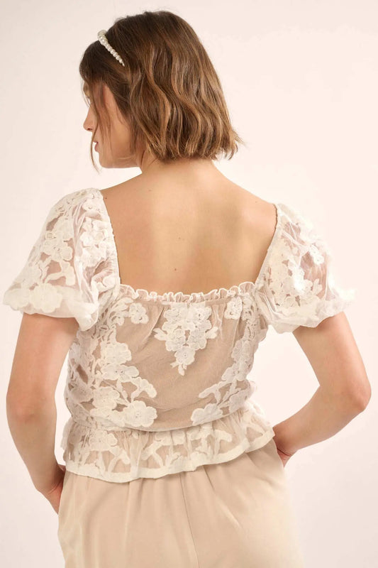 Heavenly Heart Embroidered Lace Puff-Sleeve Top