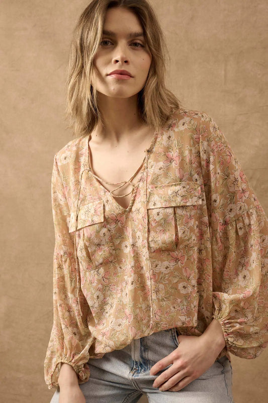 Floral Flair Lace-Up Floral Chiffon Peasant Top