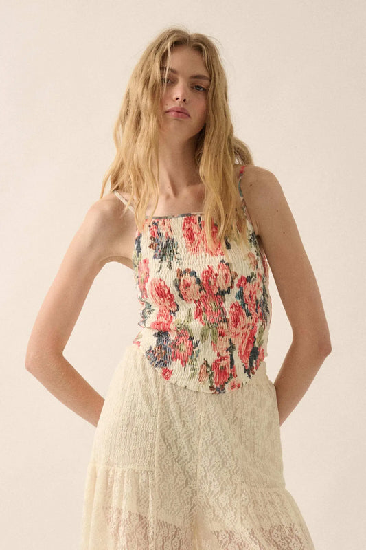 Exquisite Blooms Smocked Floral Mesh Cami Top - ShopPromesa