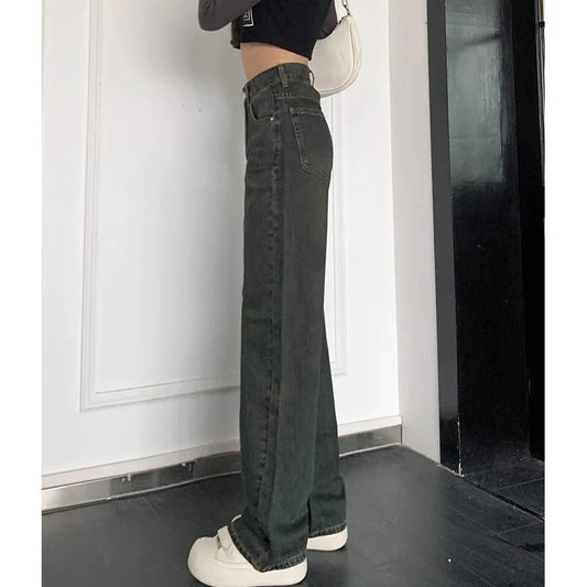 Female 2025 New Spring Cement Grey High Waist Thin Small Wide-Legged Trousers Jeans