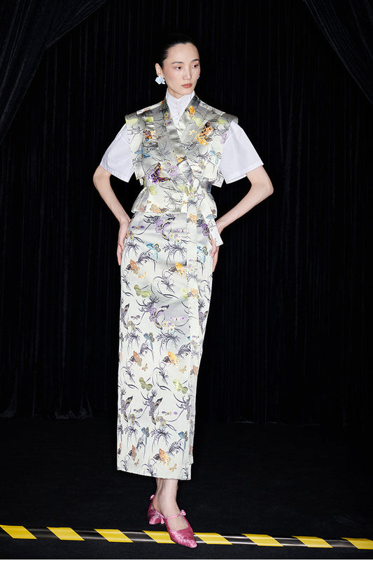 M essential Mackay designer butterfly beaded quilted cottonskirt vest shirt set - toes.