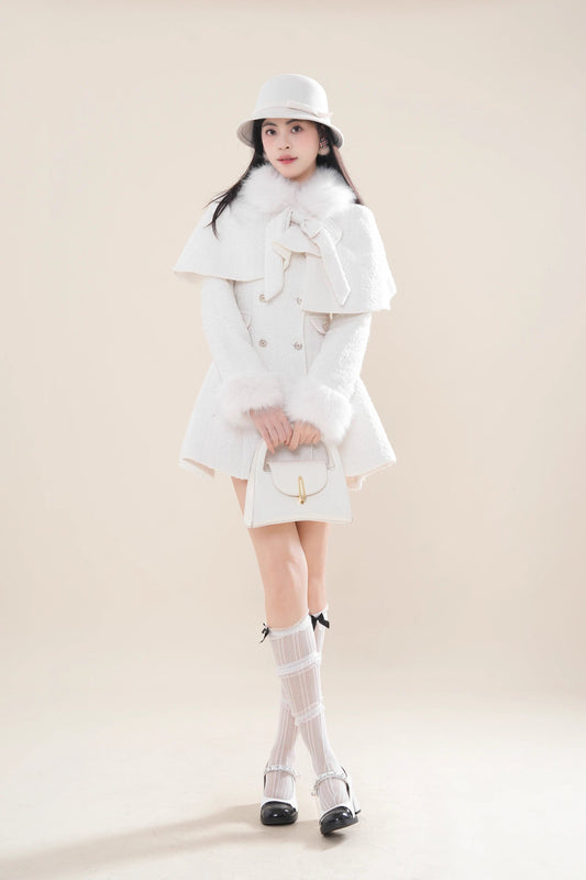 Snow Tweed Capelet Mini Coat Dress (White)