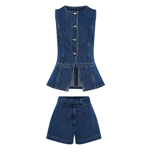 2025 Summer Foreign Trade Women���s AliExpress Back Vest Shorts Denim Slim Fit Two-Piece Set Suit