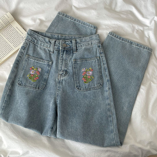 Embroidered Floral Pocket Jeans (Light Denim)
