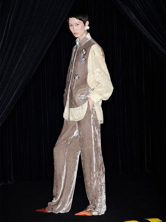 M essential Mackay designer bay leaf brown beaded padded waistcoat vest pant suit- gun.