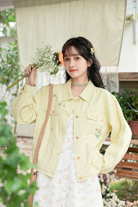 Daisy Garden Embroidered Denim Jacket (Yellow)
