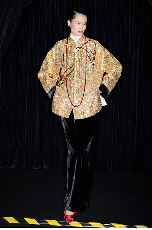 M essential Mackay designer gold beaded sequins jacket shirt top - Ibrhai.