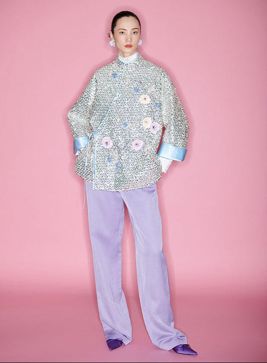 M essential Mackay designer plum blossom beaded jacket pants - drop.