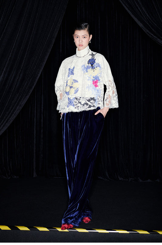 M essential Mackay designer White Lace atelier layered lace inlay top blue velvet pant- olay.