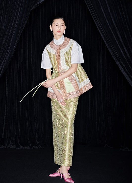 M essential Mackay designer colour-block placket vest pencil skirt- Victoria.