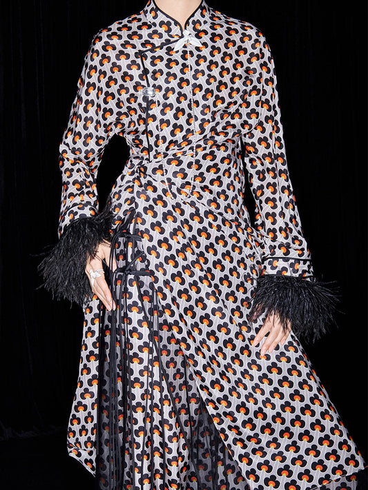 M essential Mackay designer ostrich feather trim dress mesh skirt kaftan dress top set - raj.